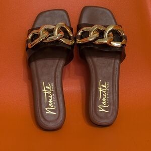 Nannette Dark Brown Sandals with Gold Accent